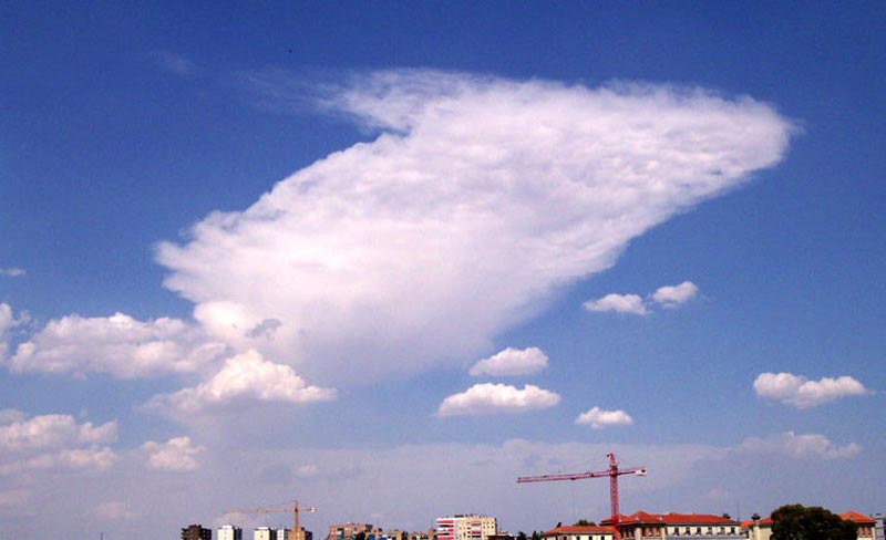 Cumulonimbus convectivo con yunque y mammas junto a c�mulus humilis.