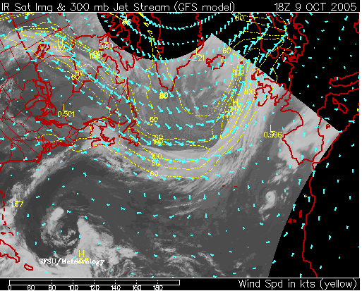 Imagen IR del GOES-este y mapa de 300 hPa con isotacas y vientos en nudos (kts) a) Para las 06 UTC y 18 UTC del día 9 de octubre. Fuente de las imágenes STSU. Imagen IR del GOES-este y mapa de 300 hPa con isotacas y vientos en nudos (kts) a) Para las 06 UTC y 18 UTC del día 9 de octubre. Fuente de las imágenes STSU.