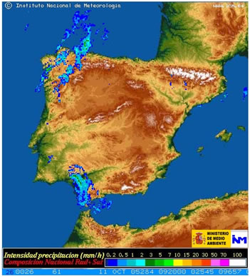 Foto: Imágenes del “Vince” en la zona peninsular alrededor de las 09 UTC (11 hora oficial). Mosaico nacional del CAPPI a 2.5 Km de altura con la estimación de la precipitación en mm/h. Fuentes, Universidad de Dundee (satélite) e INM (radar). Foto: Imágenes del “Vince” en la zona peninsular alrededor de las 09 UTC (11 hora oficial). Mosaico nacional del CAPPI a 2.5 Km de altura con la estimación de la precipitación en mm/h. Fuentes, Universidad de Dundee (satélite) e INM (radar).