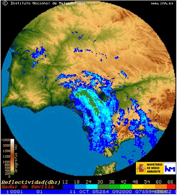 Foto: Imágenes del “Vince” en la zona peninsular alrededor de las 09 UTC (11 hora oficial). Ecos de precipitación del PPI radar de Sevilla en dBZ. Fuentes, Universidad de Dundee (satélite) e INM (radar). Foto: Imágenes del “Vince” en la zona peninsular alrededor de las 09 UTC (11 hora oficial). Ecos de precipitación del PPI radar de Sevilla en dBZ. Fuentes, Universidad de Dundee (satélite) e INM (radar).